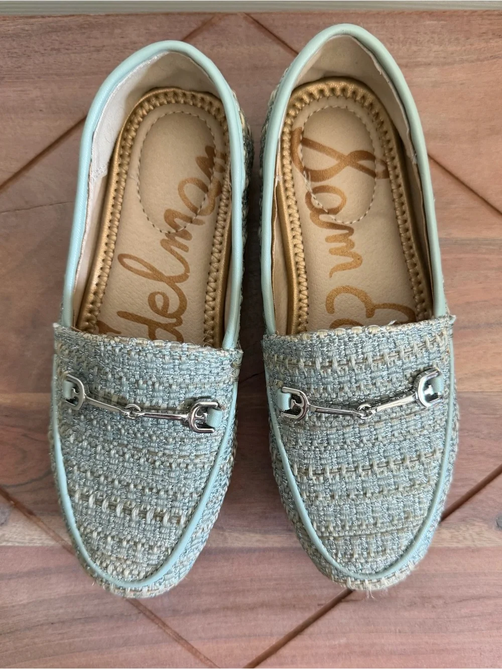 Girls Sam Edelman Tweed Loafers in Light Sage and Cream